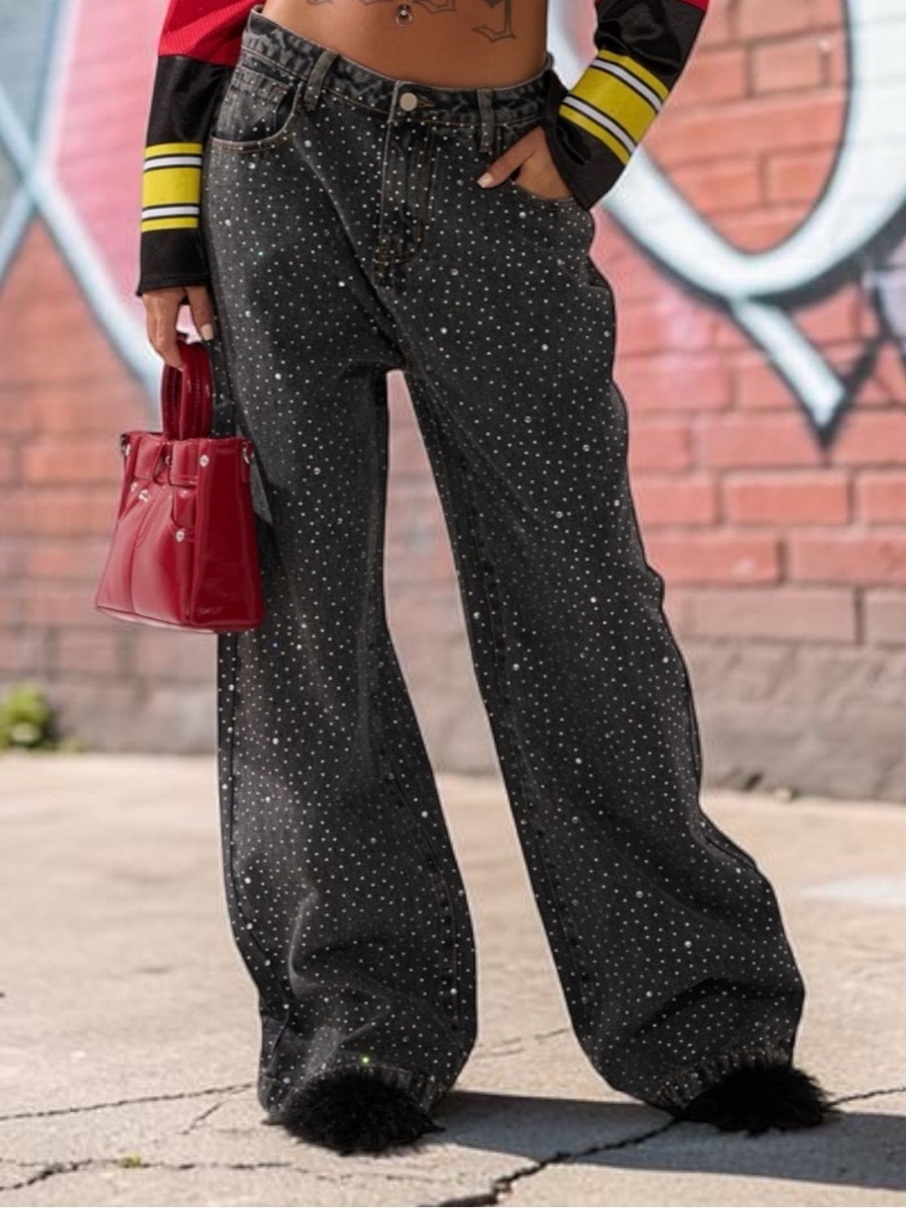 🔥🔥AKIRA Black Wide-Leg Jeans with All-Over Silver Rhinestones - Picture 5 of 10